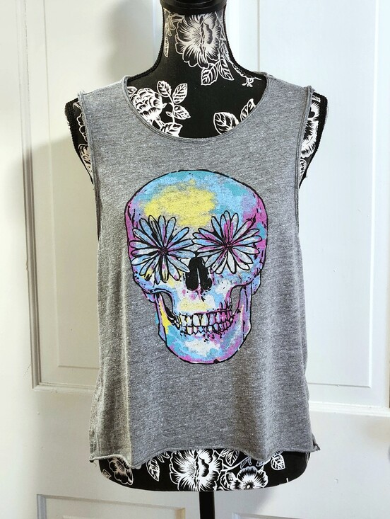 Chaser Tops - 💀Chaser💀 - Gray/Multi Daisy Flower Eyes Skull Tank Top